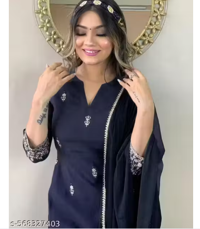 Women's Rayon Slub Embroidered Straight Kurta Pant with Dupatta