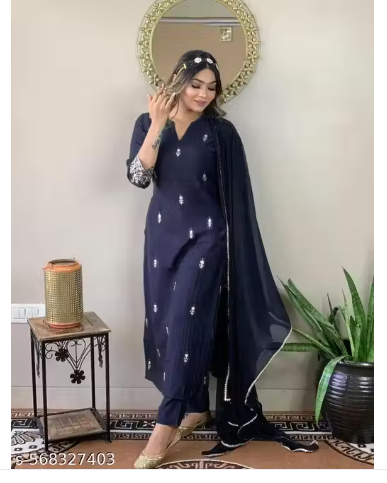 Women's Rayon Slub Embroidered Straight Kurta Pant with Dupatta