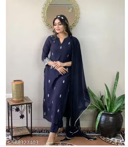 Women's Rayon Slub Embroidered Straight Kurta Pant with Dupatta