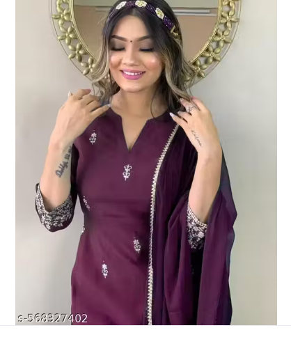 Women's Rayon Slub Embroidered Straight Kurta Pant with Dupatta