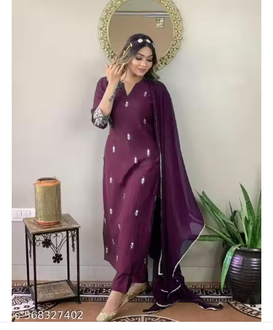 Women's Rayon Slub Embroidered Straight Kurta Pant with Dupatta