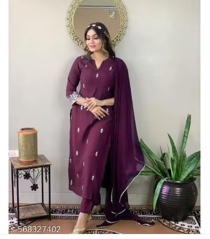 Women's Rayon Slub Embroidered Straight Kurta Pant with Dupatta