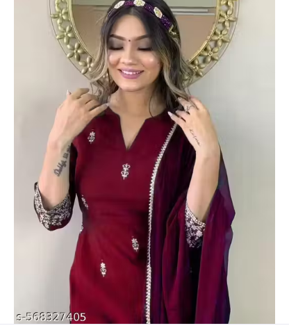 Women's Rayon Slub Embroidered Straight Kurta Pant with Dupatta