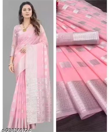 Arani Pattu Cotton Linen Silk Saree with Blouse Piece (Baby Pink & Silver_(MS)