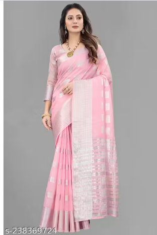 Arani Pattu Cotton Linen Silk Saree with Blouse Piece (Baby Pink & Silver_(MS)