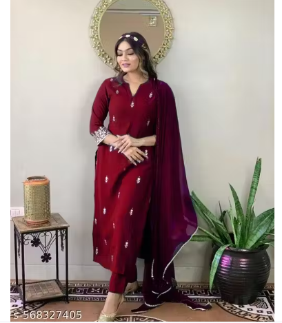 Women's Rayon Slub Embroidered Straight Kurta Pant with Dupatta