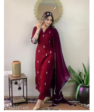 Women's Rayon Slub Embroidered Straight Kurta Pant with Dupatta