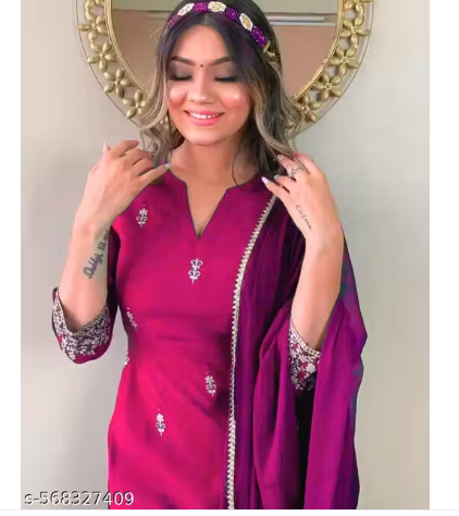 Women's Rayon Slub Embroidered Straight Kurta Pant with Dupatta