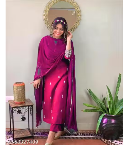 Women's Rayon Slub Embroidered Straight Kurta Pant with Dupatta