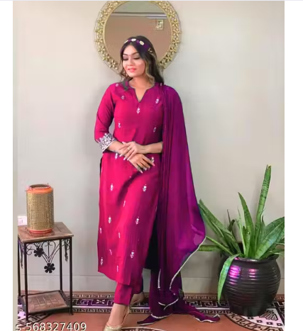 Women's Rayon Slub Embroidered Straight Kurta Pant with Dupatta