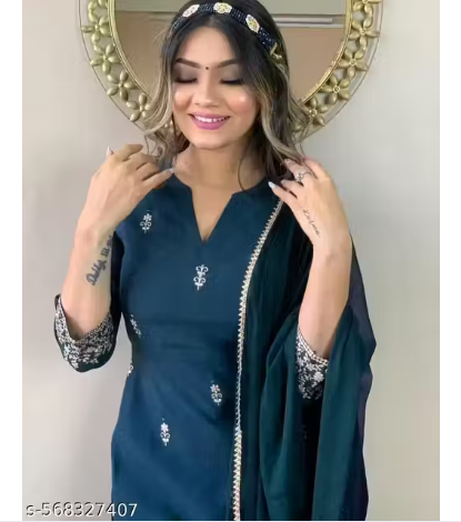 Women's Rayon Slub Embroidered Straight Kurta Pant with Dupatta