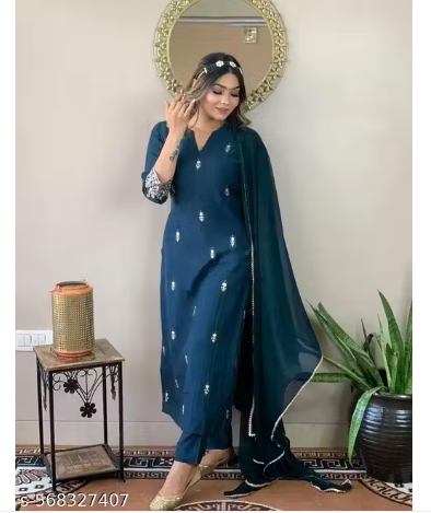 Women's Rayon Slub Embroidered Straight Kurta Pant with Dupatta