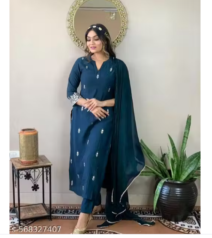 Women's Rayon Slub Embroidered Straight Kurta Pant with Dupatta